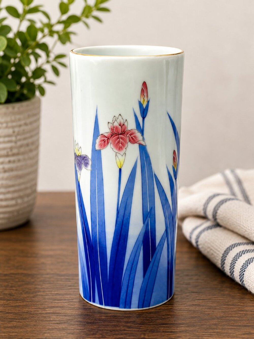 Vintage Japanese Porcelain Iris Floral Vase Blue White Gold Rim 8.5"